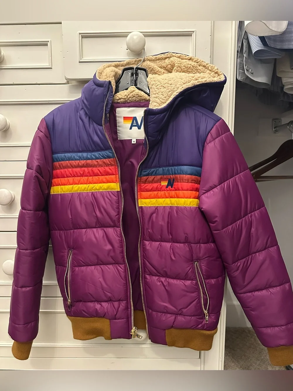 Aviator nation puffer bomber zip up jacket Sherpa hood purple stripes medium
